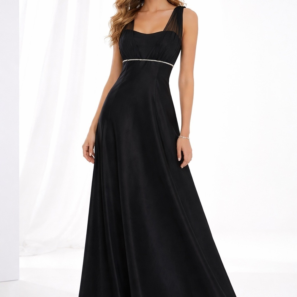 Fiesta Black Formal Prom Dress Rhinestone Empire Waist Chiffon Straps Sz L